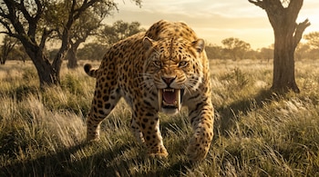Un Smilodon populator de pelaje dorado con manchas oscuras ruge mostrando sus colmillos, de frente en una pradera con pastizales y árboles al atardecer.