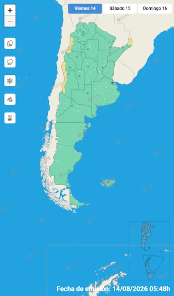 Mapa de Argentina con división provincial, zonas en amarillo y verde, iconos de lluvia, granizo y viento, y fecha de emisión: 14/08/2026