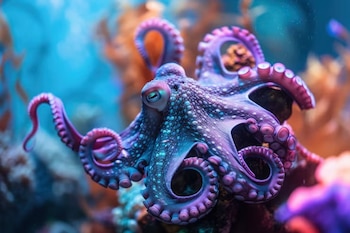 Un pulpo de color morado y azul con ventosas en sus tentáculos descansa frente a un fondo marino con algas y rocas