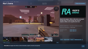 Captura de pantalla de la tienda Steam con la ficha técnica del videojuego Rior's Arena, imágenes de juego en primera persona y datos del producto