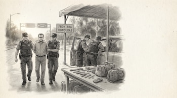 Ilustración a lápiz de la frontera Honduras en Guasaule. Dos policías escoltan a un hombre, otros revisan un auto. Una mesa tiene herramientas y equipaje.