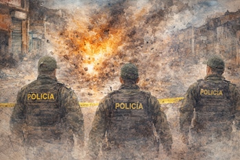 Una explosión ocurre en una calle de Bogotá. Agentes de la Policía atienden al emergencia - crédito