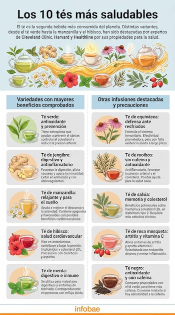 Infografía muestra "Los 10 tés más saludables" con ilustraciones de teteras, tazas de té humeantes y plantas como té verde, jengibre, manzanilla e hibisco.