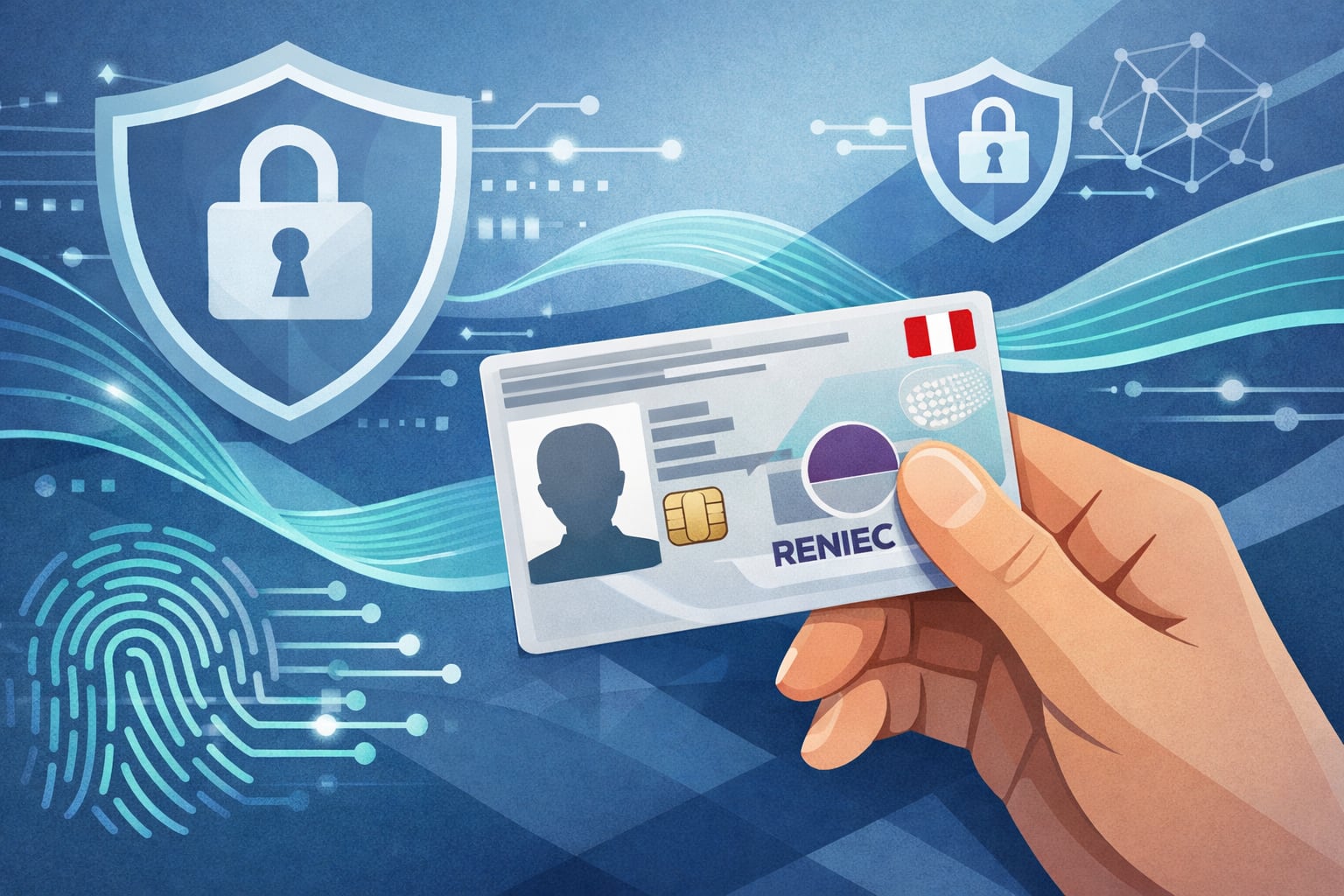 Una mano estilizada sostiene el DNI electrónico peruano (DNIe) frente a un fondo abstracto con escudos de seguridad, candados y elementos biométricos, simbolizando la protección de datos y la autenticación digital. (Imagen Ilustrativa Infobae)