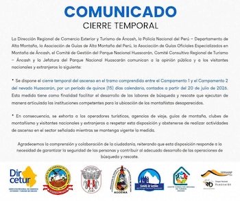 Comunicado - Huascarán - Montañpistas - PNP - Perú - 19 julio
