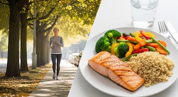 Pantalla partida en dos: a la izquierda, una mujer en ropa deportiva camina por un sendero arbolado; a la derecha, un plato con salmón, quinua, brócoli, zanahorias y pimientos.