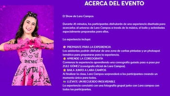 'Baila junto a Lara Campos' y todo lo que se iba realizar en dicho evento. Ticketmaster.