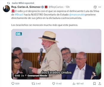 Captura de pantalla de un tuit con la foto de perfil del Rep. Carlos A. Giménez. El texto critica a Lula da Silva. Abajo, un video muestra a Lula da Silva hablando con un micrófono