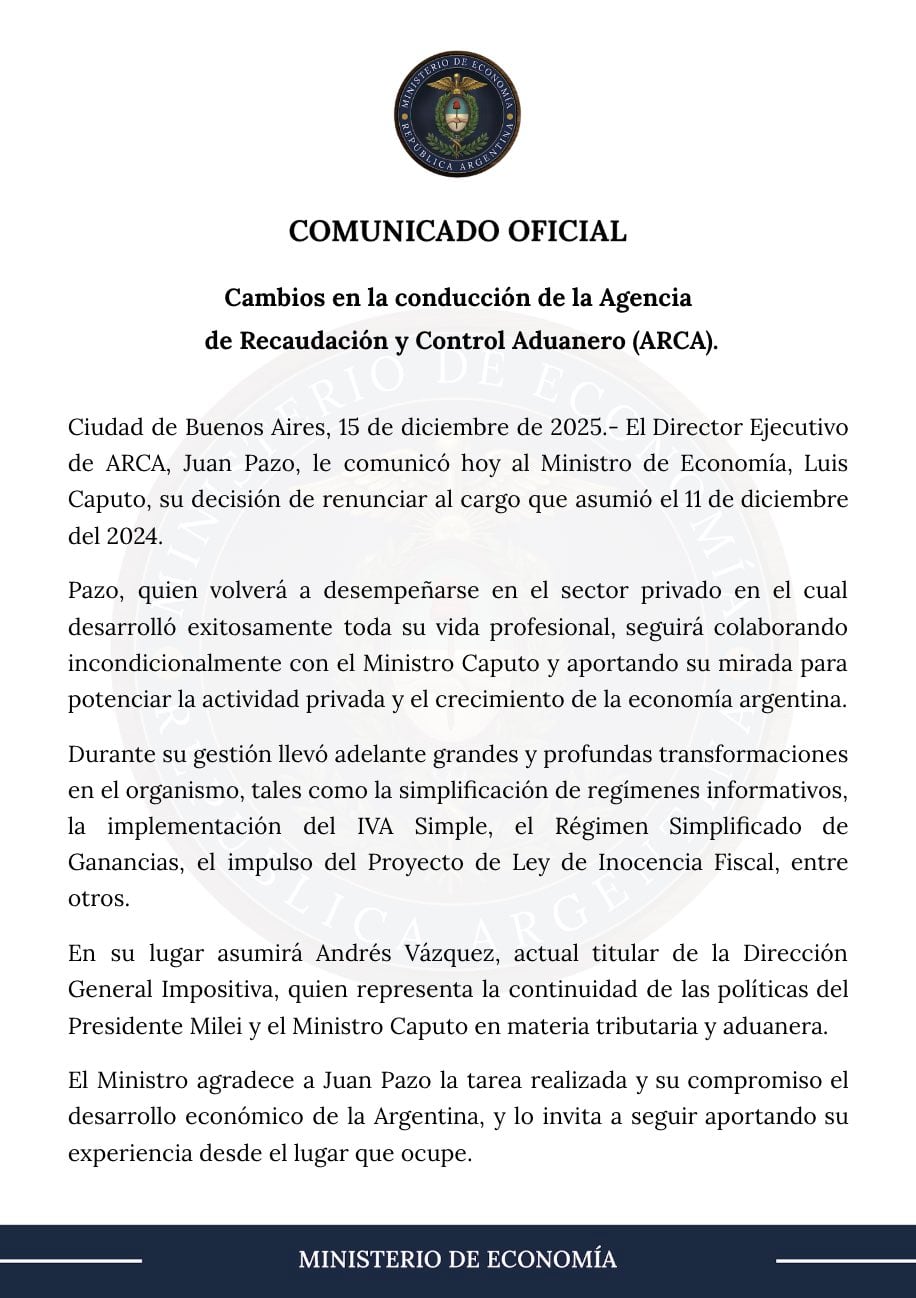 Cambios en la conducción de la Agencia de Recaudación y Control Aduanero (ARCA)