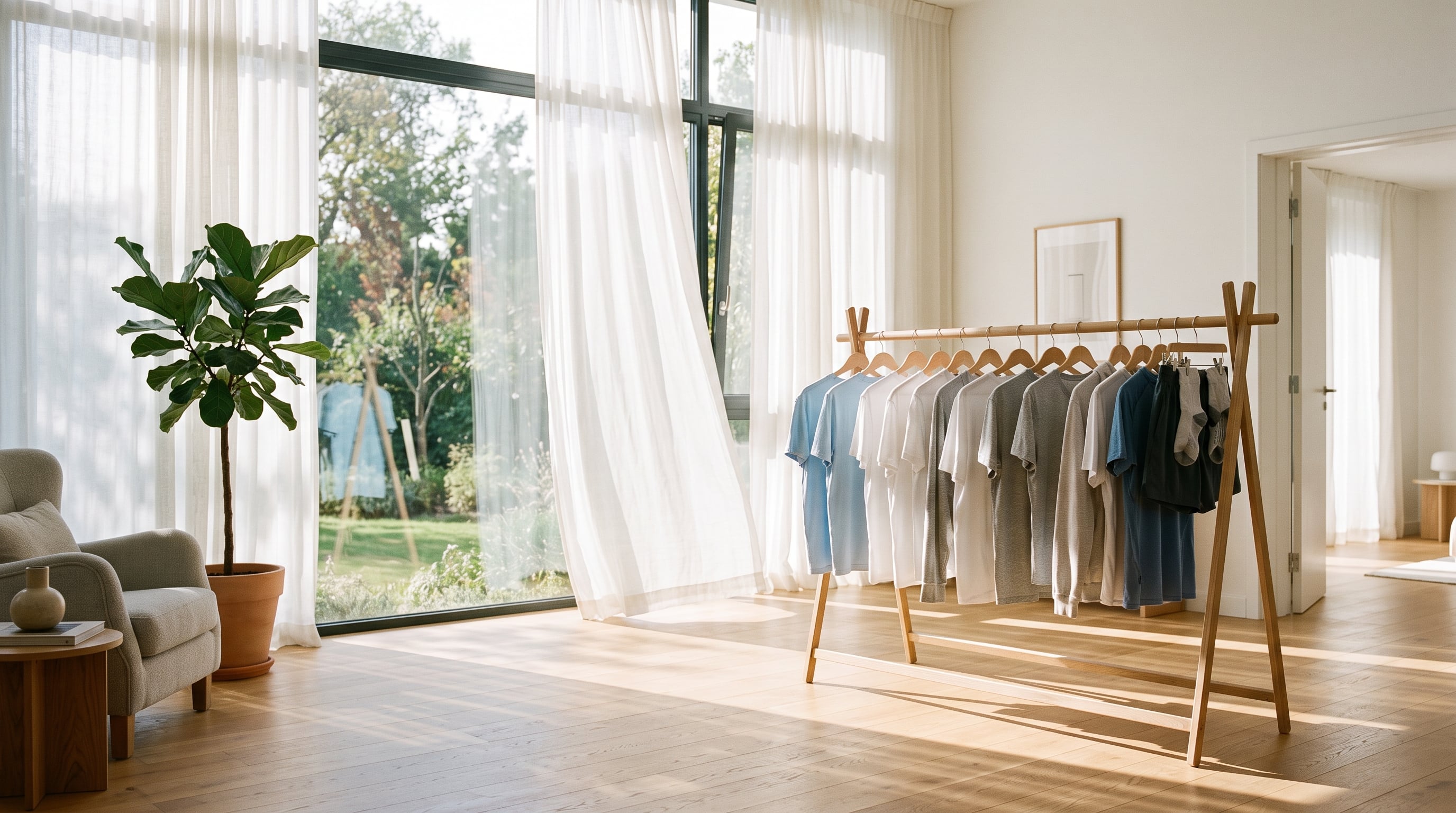 Un tendedero de madera exhibe varias prendas de vestir colgadas en el interior de una habitación soleada con ventanales y cortinas blancas. (Imagen Ilustrativa Infobae)