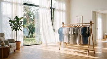 Tendedero de madera con camisetas colgadas, situado en una sala con piso de madera, una planta en maceta y ventanales con cortinas.