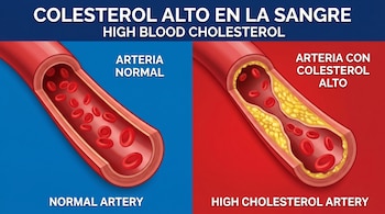 Ilustración médica que muestra dos arterias: una normal con glóbulos rojos, y otra con acumulación de placa amarilla (colesterol) obstruyendo el paso.
