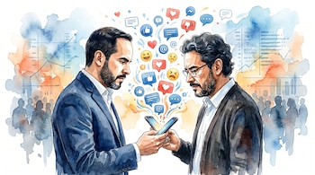 Ilustración acuarela de Abelardo de la Espriella e Iván Cepeda mirando un teléfono móvil. Símbolos de redes sociales emergen del dispositivo.