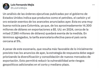 Luis Fernando Mejía, director ejecutivo de Fedesarrollo, aclaró que Colombia quedó exenta de una parte de las exportaciones de petróleo - crédito @LuisFerMejia/X
