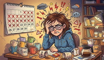 Dibujo de una persona con gafas, pelo desordenado y ojeras, sentada en un escritorio con tazas de café, una cafetera, desorden y un calendario con días tachados