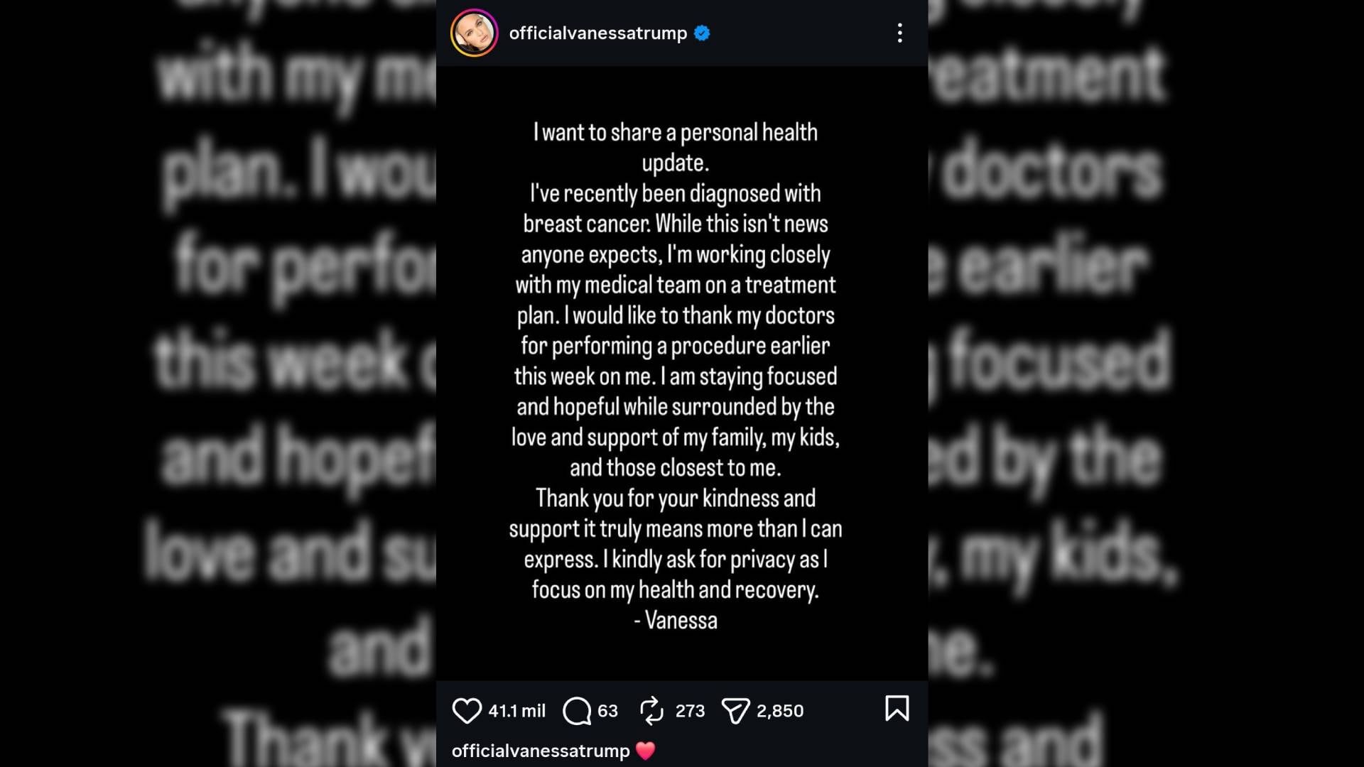 Vanessa Trump compartió una actualización personal de salud en Instagram. Reveló su reciente diagnóstico de cáncer de mama y su enfoque en el tratamiento y la recuperación con el apoyo de su familia (Instagram )