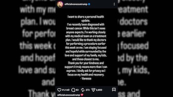 Captura de pantalla de una publicación de Instagram de officialvanessatrump que anuncia un diagnóstico de cáncer de mama en un fondo negro