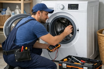 Técnico masculino con mono y gorra azul arrodillado, inspeccionando el tambor abierto de una lavadora blanca. Sostiene un multímetro amarillo y hay una caja de herramientas.