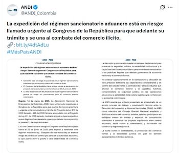 La Andi pidió al Congreso de la República que saque adelante la reforma al Régimen Sancionatorio Aduanero - crédito @Andi_Colombia/X