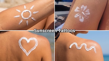 Cuatro paneles con protector solar blanco sobre piel: un sol en un brazo, una flor en otro brazo, un corazón en la espalda y una línea ondulada en un hombro.