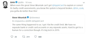 Steve Wozniak, cofundador de Apple, respondió uno de los tuits de Hansson diciendo que él había atravesado una situación similar. “Yo obtuve un límite de crédito 10 veces superior. No tenemos cuentas de crédito o bancaria separadas, ni otros activos separados”, explicó.