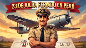 Hombre vestido de piloto militar con gorra y uniforme. Detrás, un avión de hélice. Abajo, un calendario con el 23 de julio en círculo rojo y un banner rojo.