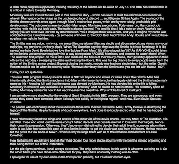 Morrissey dedicó un texto a criticar el nuevo documental de The Smiths apoyado por John Marr.