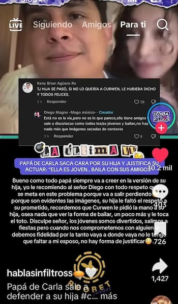 Captura de pantalla de una aplicación con un video, texto superpuesto, comentarios de usuarios y reacciones de la audiencia en la parte inferior