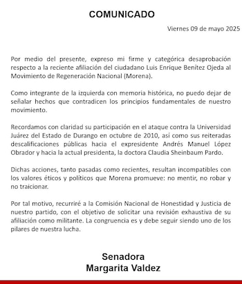 La senadora manifestó su desaprobación