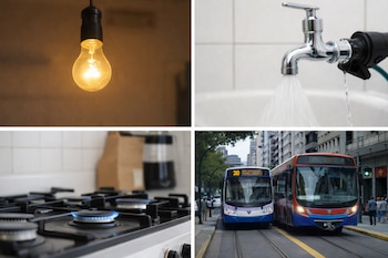 Composición de cuatro imágenes mostrando una bombilla encendida, agua fluyendo de un grifo, una llama en una estufa de gas y dos autobuses urbanos.