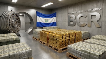 Bóveda bancaria con puerta de seguridad abierta, lingotes de oro apilados en tarimas, fajos de billetes de dólar, bandera de El Salvador y siglas BCR en la pared.