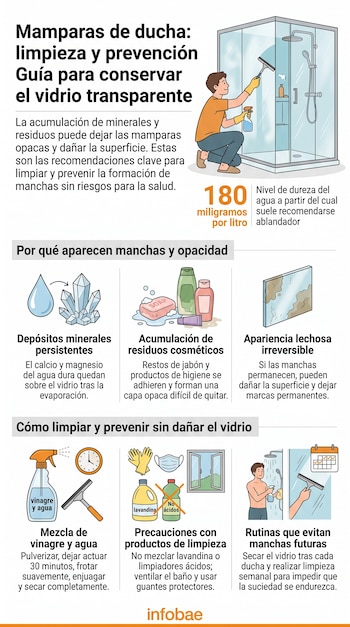 Infografía que muestra a un hombre limpiando una mampara de ducha, junto a ilustraciones de vinagre, guantes, mascarilla y recipientes.