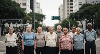Diez personas mayores de diversas etnias, incluyendo mujeres y hombres, están de pie en una calle urbana brasileña. Al fondo se ven edificios altos y árboles.