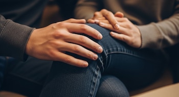 Mano de hombre sobre la pierna de una mujer. Se ven sus manos y las piernas de ambos cubiertas con pantalones de mezclilla.