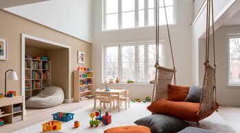 Habitación infantil iluminada con ventanales, columpios colgantes de cuerda, mesa pequeña de madera, estantes con libros y juguetes en el suelo.