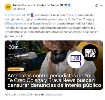 El comunicado se emitió despues de la publicación de los videos de Rafael Poveda, en los que aseguró que a él no se le dio derecho a réplica, versión que niegan las periodistas Juanita Gómez, Mónica Rodríguez y Laura Palomino - créditos @FLIP_org/X