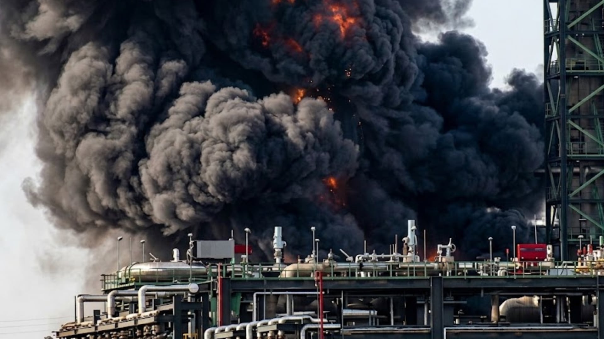 Hasta el momento, no se reportan personas lesionadas tras el siniestro ocurrido en la zona de almacenamiento de coque. Crédito: Captura de video mejorada con Inteligencia Artificial.