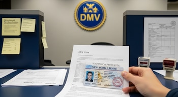 Primer plano de una mano sosteniendo una licencia de Nueva York y una carta de 'Suspensión Propuesta' sobre un escritorio del DMV, con el logo oficial al fondo.