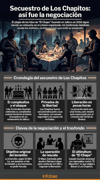 Ilustración de hombres armados en un restaurante y gráficos de cronología, negociación con texto e iconos sobre el secuestro de Los Chapitos.