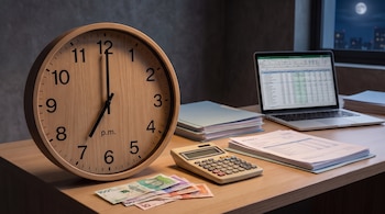 Un reloj de pared de madera, billetes de cien mil, cincuenta mil y diez mil, una calculadora, un portátil abierto, documentos apilados y una ventana nocturna.