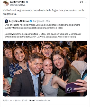 Las encuestas consideran que Javier Milei y Axel Kicillof lideran la intención de voto - crédito @petrogustavo/X