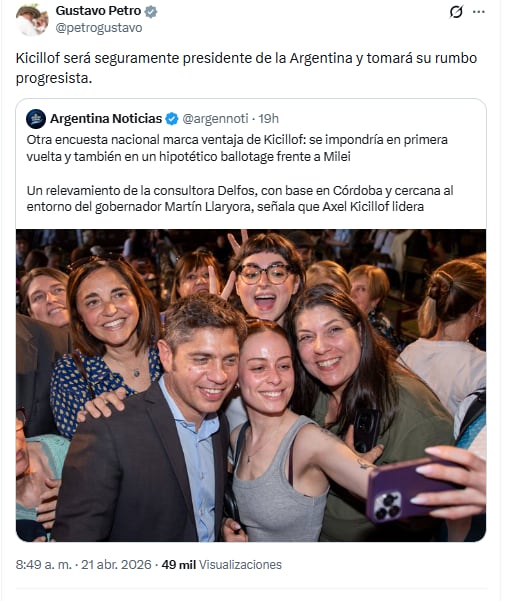 Las encuestas consideran que Javier Milei y Axel Kicillof lideran la intención de voto - crédito @petrogustavo/X