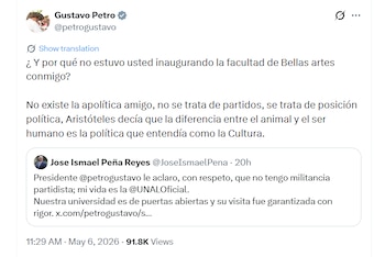 Petro cuestionó la ausencia del rector durante el acto oficial y aseguró en X que “no existe la apolítica”, en respuesta a las declaraciones de Peña sobre no tener militancia partidista - crédito @petrogustavo/X