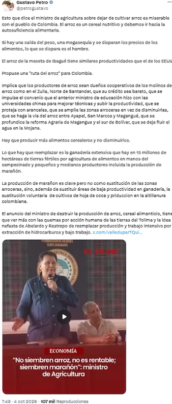 Gustavo Petro rechazó la propuesta de dejar el arroz y defendió ampliar las zonas de cultivo - crédito @petrogustavo/X