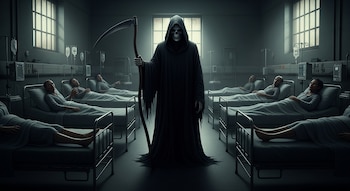 Figura encapuchada con guadaña en sala de hospital. Seis pacientes recostados en camas con suero visible en ambos lados de la sala.