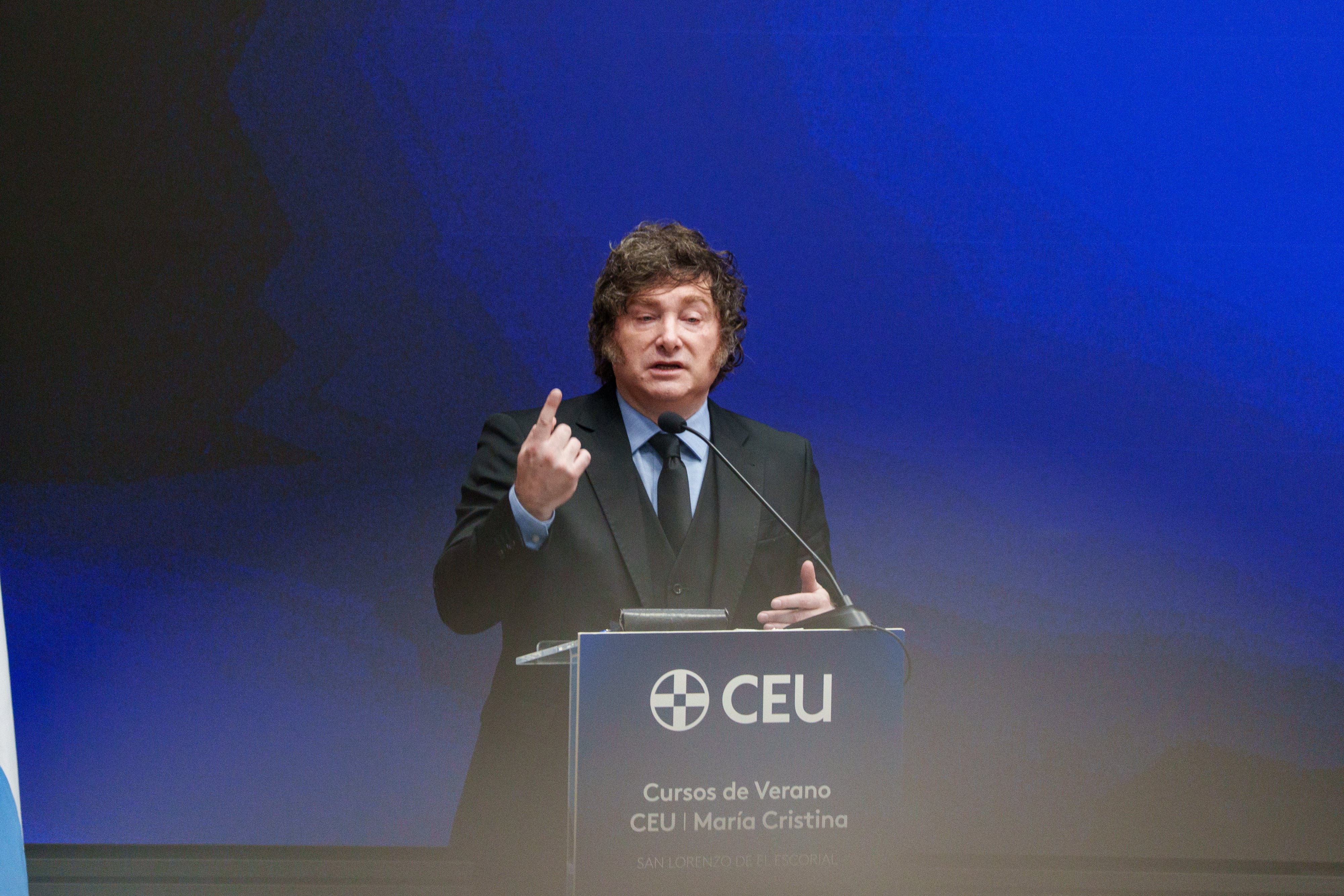 El presidente de Argentina, Javier Milei, en la apertura de los Cursos de Verano CEU-María Cristina, en Madrid. (Matías Chiofalo/Europa Press)