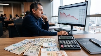 Un hombre en una oficina observa una pantalla con un gráfico financiero, junto a billetes de dólares y soles peruanos sobre un escritorio