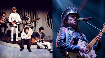 Cinco músicos jóvenes con instrumentos en un escenario y un músico de edad avanzada con sombrero, guitarra y micrófono en una actuación.