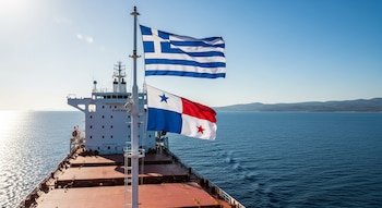 Buque de carga blanco en el mar con mástil central del que ondean la bandera de Grecia y la bandera de Panamá. Cielo azul claro y costa montañosa a lo lejos.