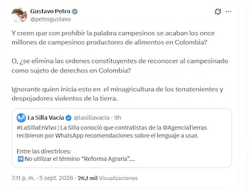 El expresidente Gustavo Petro cuestionó directriz de reemplazar la palabra "campesino" por "productores rurales" - crédito @petrogustavo/X
